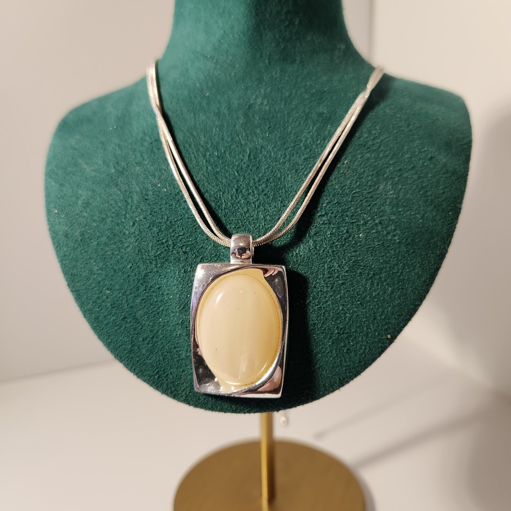 Silver Tone Double Snake Chain Necklace Cream Cabochon Rectangle Pendant Heart